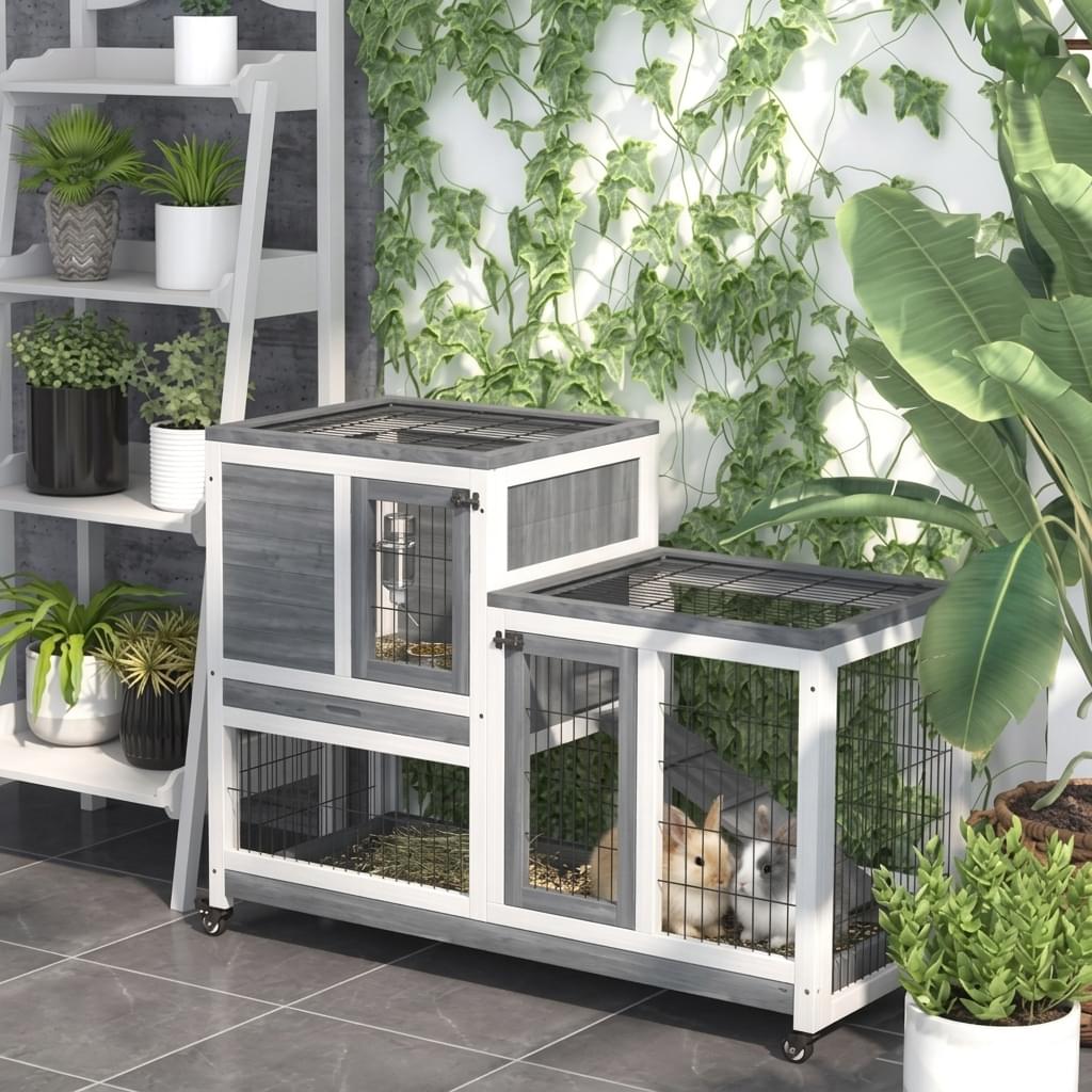Rabbit Cage - Titan 2-Tier Wooden Hutch with Wheels for Pet Comfort