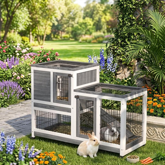 Rabbit Cage - Titan 2-Tier Wooden Hutch with Wheels for Pet Comfort