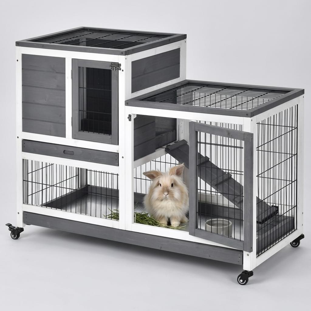 Rabbit Cage - Titan 2-Tier Wooden Hutch with Wheels for Pet Comfort
