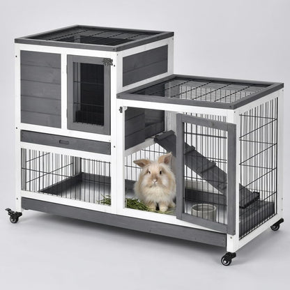 Rabbit Cage - Titan 2-Tier Wooden Hutch with Wheels for Pet Comfort