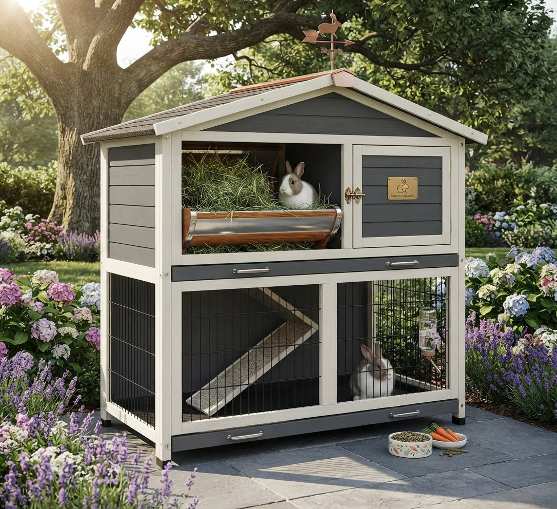 2-Tier Wooden Rabbit Hutch with Sliding Tray