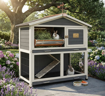 2-Tier Wooden Rabbit Hutch with Sliding Tray