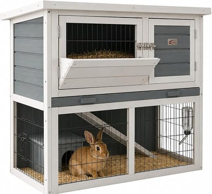 2-Tier Wooden Rabbit Hutch with Sliding Tray