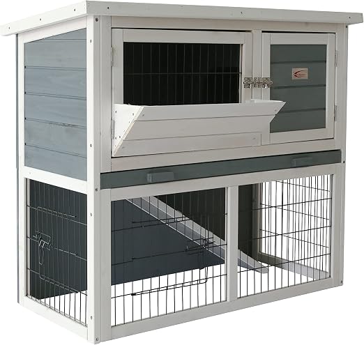 2-Tier Wooden Rabbit Hutch with Sliding Tray