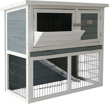 2-Tier Wooden Rabbit Hutch with Sliding Tray